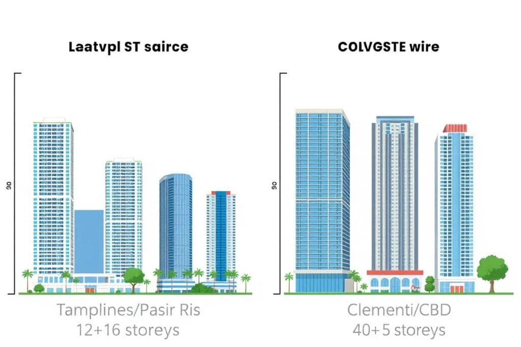 Comparison of building heights in different Singapore neighborhoods showing investment potential near airports Comparison of building heights in different Singapore neighborhoods showing investment potential near airports