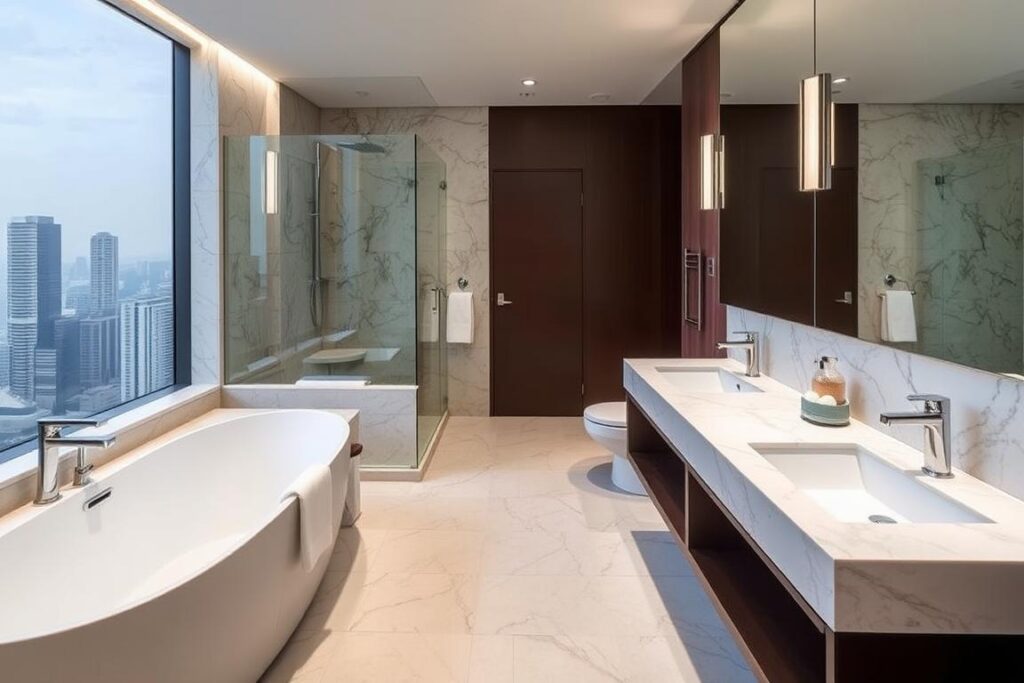 Luxurious bathroom with premium fittings in W Residences Singapore - Marina View showflat Luxurious bathroom with premium fittings in W Residences Singapore - Marina View showflat