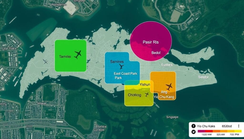 Map highlighting neighborhoods near Singapore airports with investment opportunities for property investors Map highlighting neighborhoods near Singapore airports with investment opportunities for property investors