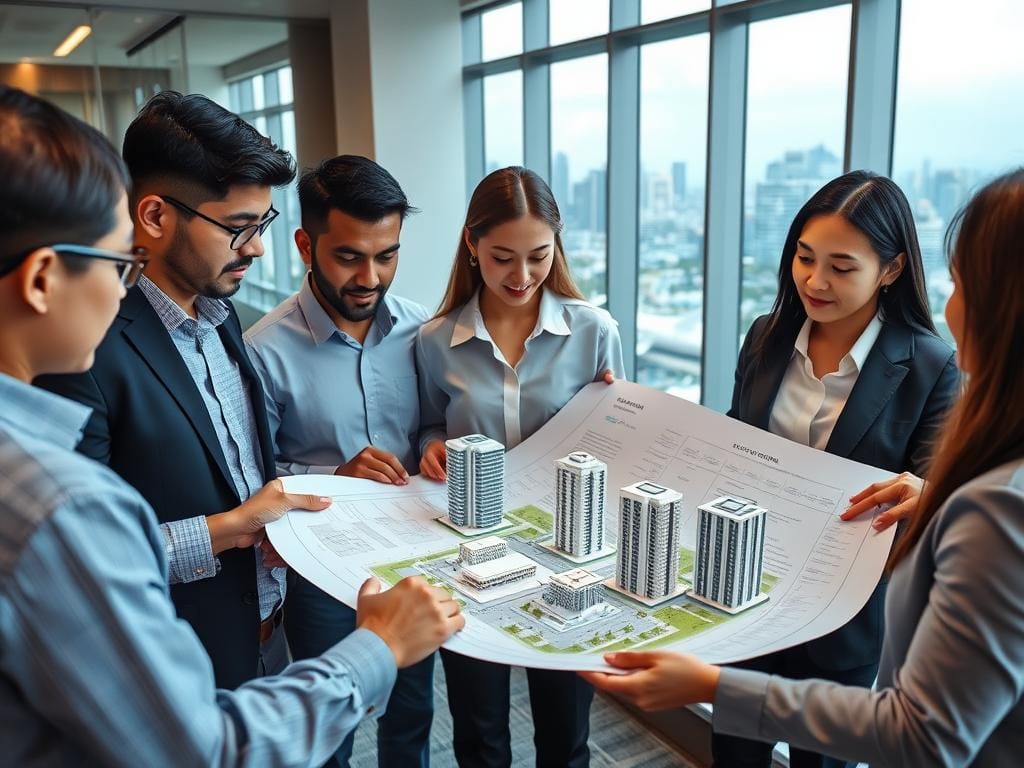 Singapore property investor reviewing plans for development near airports showing investment opportunities Singapore property investor reviewing plans for development near airports showing investment opportunities