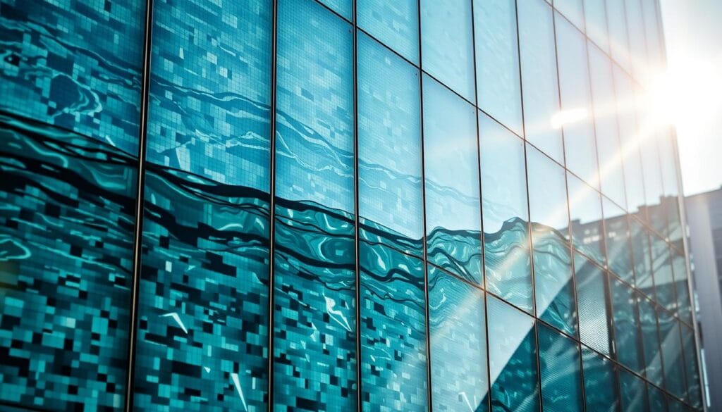 Close-up of Promenade Peak's distinctive facade design showing the water-inspired pixel pattern Close-up of Promenade Peak's distinctive facade design showing the water-inspired pixel pattern