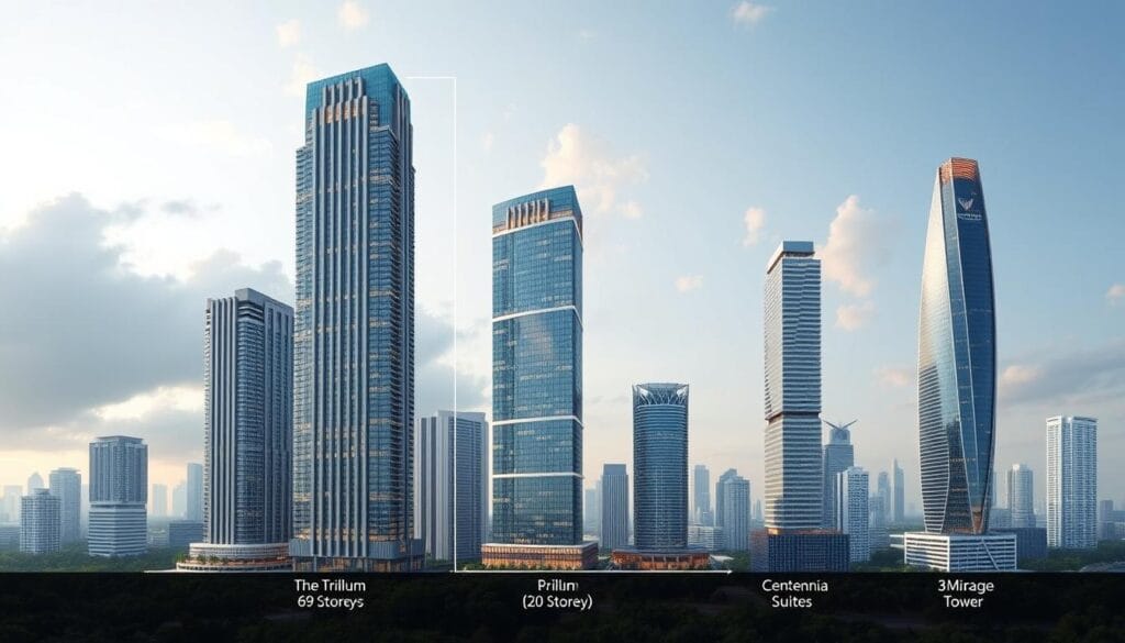 Comparison showing Promenade Peak's height advantage over neighboring developments Comparison showing Promenade Peak's height advantage over neighboring developments