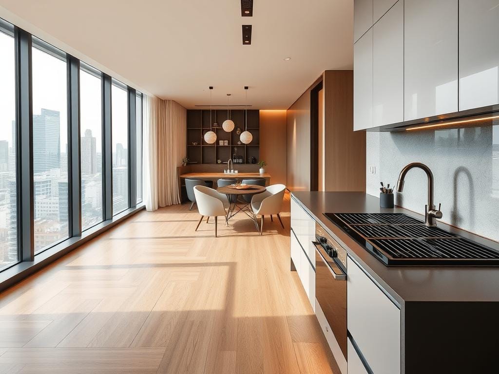 Interior view of a Promenade Peak premium unit showing kitchen and living area with high-end finishes Interior view of a Promenade Peak premium unit showing kitchen and living area with high-end finishes