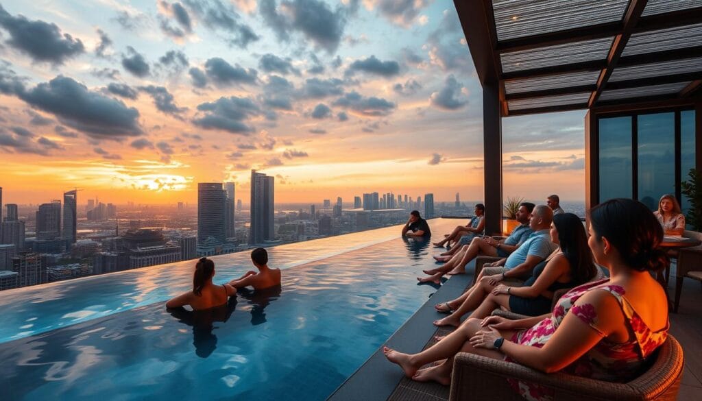 Lifestyle image showing residents enjoying Promenade Peak's rooftop facilities Lifestyle image showing residents enjoying Promenade Peak's rooftop facilities