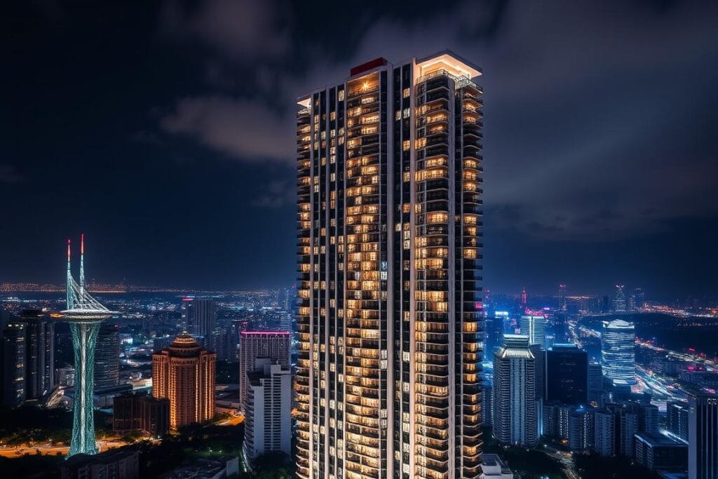 Night view of Promenade Peak illuminated against Singapore's skyline Night view of Promenade Peak illuminated against Singapore's skyline