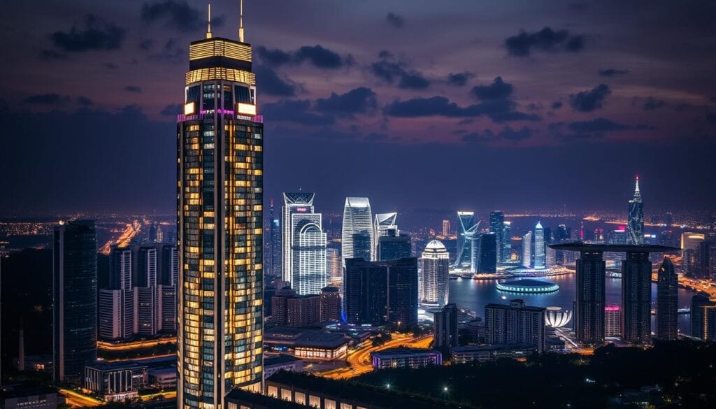 Night view of Promenade Peak illuminated against Singapore's skyline, showcasing its impressive height and design Night view of Promenade Peak illuminated against Singapore's skyline, showcasing its impressive height and design
