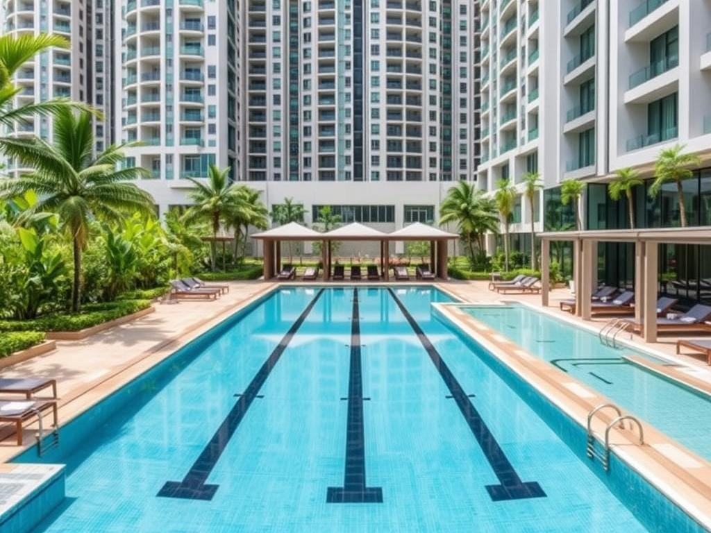 Promenade Peak's 50m lap pool surrounded by landscaped gardens Promenade Peak's 50m lap pool surrounded by landscaped gardens