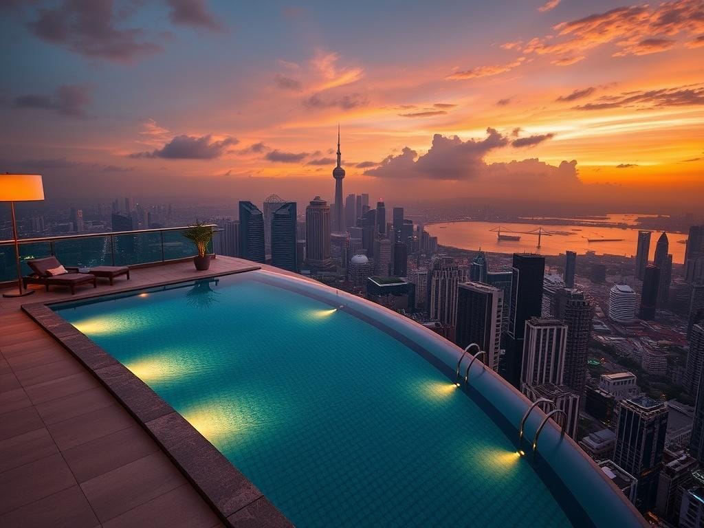 SkyPeak infinity pool on the rooftop with panoramic views of Singapore SkyPeak infinity pool on the rooftop with panoramic views of Singapore
